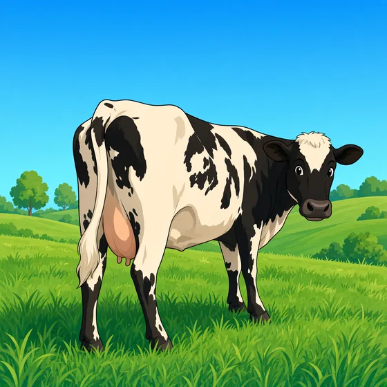 A black-and-white Holstein cow standing in a green field under a blue sky.
