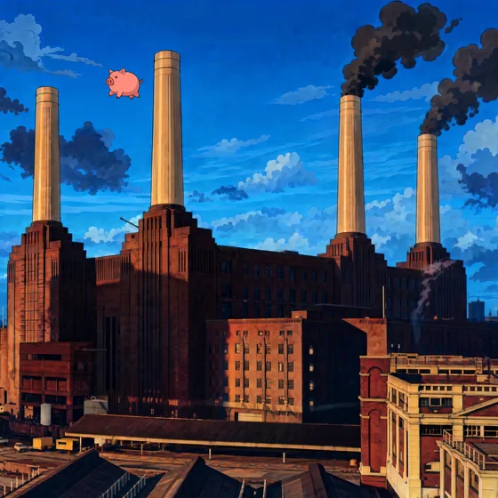 A brick power station with four chimneys, smoke, and a pink pig floating in the sky.