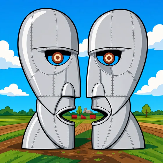 Two tall metal heads face each other in a field, their profiles making a third face between them.