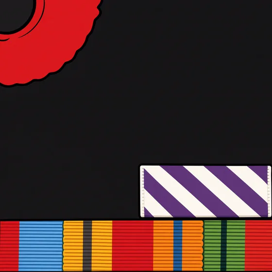 A red poppy at the corner of a black field, above a striped medal ribbon and a row of service ribbons.