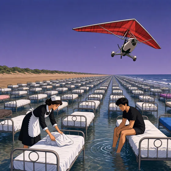 Rows of iron hospital beds stretch along a beach into the sea, a maid makes one, and a red hang-glider flies overhead.