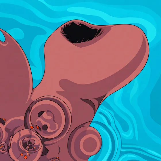 A curving pink shape rising out of turquoise water, circled by ripples.
