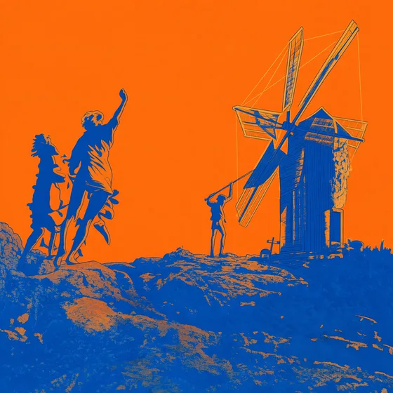 Orange and blue duotone of figures dancing on a rocky hill beside a windmill.