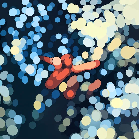 A small red figure among blurred blue and cream points of light.