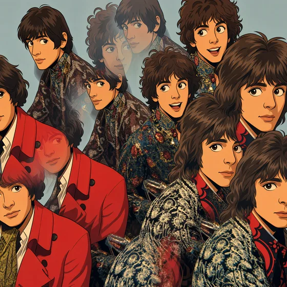 Illustration of the young band in paisley shirts and red jackets, their faces repeated as if seen through a prism.