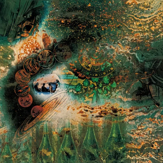 Green and orange psychedelic collage with a curving string of planets and a ringed world.