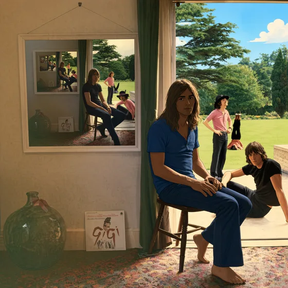 Photo-style picture of the band in a house doorway, with a framed picture on the wall that repeats the scene inside itself.