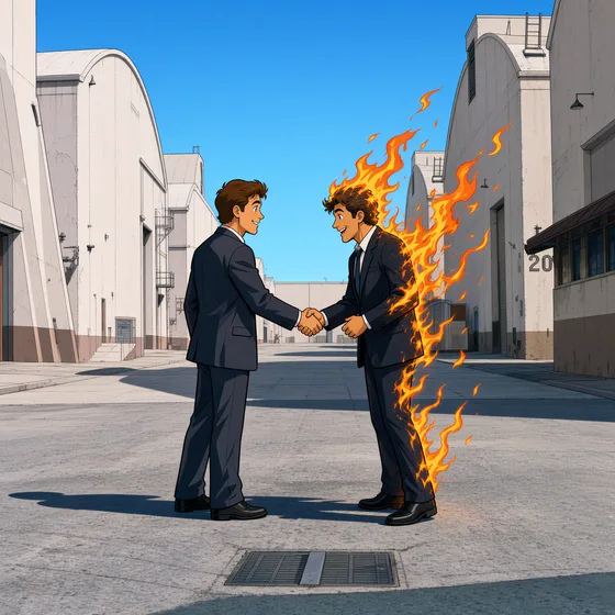 Two men in suits shake hands on a studio lot; one of them is on fire.