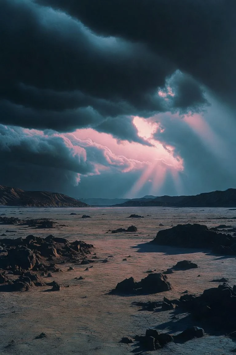Dawn light breaking through storm clouds over a cracked desert plain